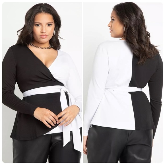 ELOQUII Black & White Colorblock True Wrap Top NWT Size 22 - Picture 15 of 17